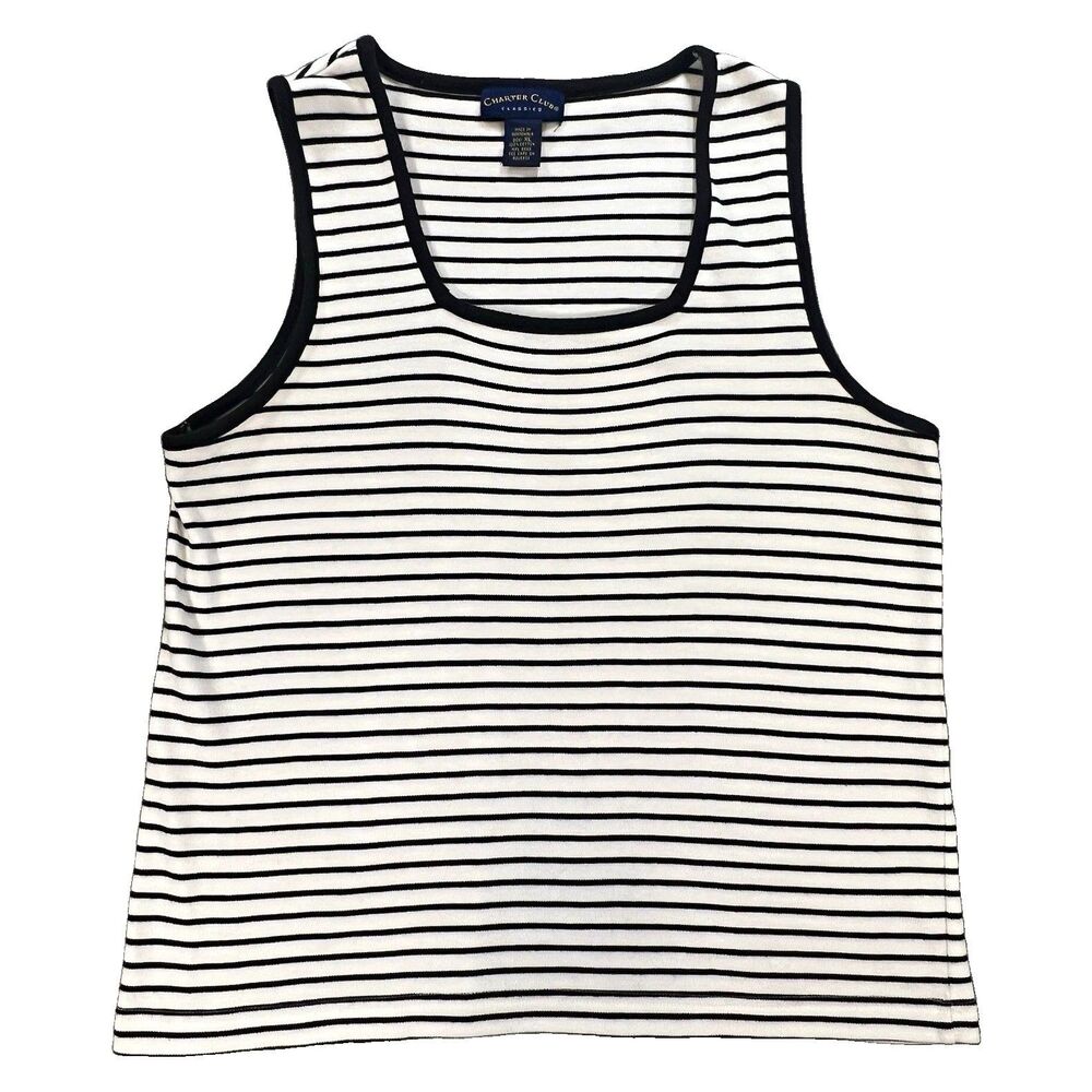 Charter Club Tank Top Black & White Striped XL Cotton Knit Square Neck Contrast